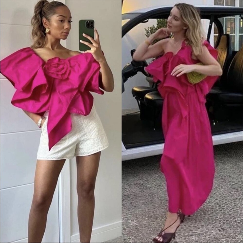 Zara Fuchsia Ruffled Off-Shoulder Crop Top